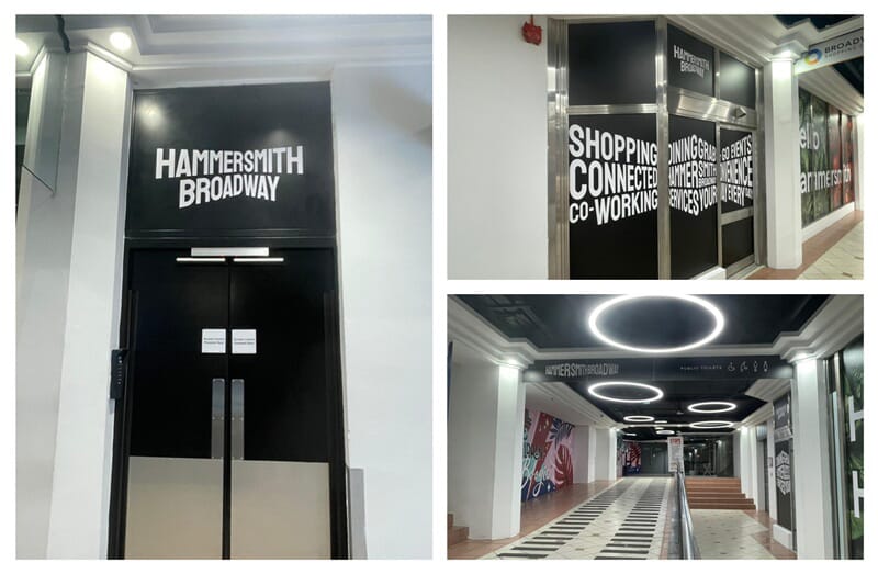 A collage of the Hammersmith Broadway interior signage, including window and wall graphics.